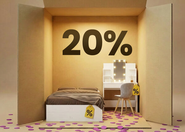 Arredi per camera da letto moderni con letto bianco e toeletta beige in una scena a scatola, con sconto del 20% sugli articoli essenziali per la camera.