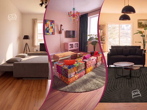 Collage con tre stili di divani: un soggiorno moderno con divani scuri, un divano modulare patchwork colorato attorno a un tavolino e un divano letto grigio completamente aperto. Clicca per vedere la collezione di divani.