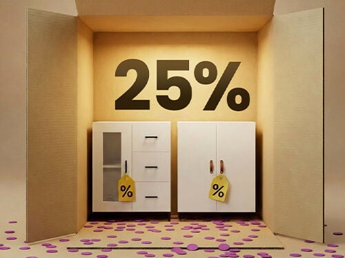 Sideboard e armadi bianchi moderni presentati in una scena a scatola, con sconto del 25% sui mobili contenitore.