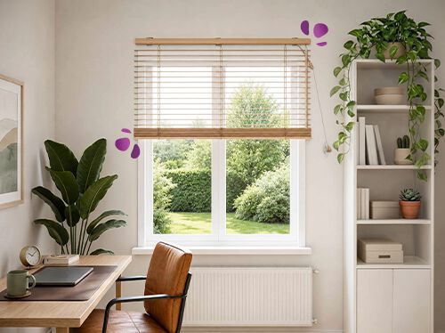 Un angolo home office con una veneziana in legno installata sopra una grande finestra, che filtra delicatamente la luce naturale e affaccia su un giardino verde all&rsquo;esterno. Sotto si trovano una scrivania in legno e una sedia in pelle, con una pianta alta e scaffali aperti bianchi con piccoli cactus visibili su entrambi i lati, per creare uno spazio di lavoro tranquillo e arioso.