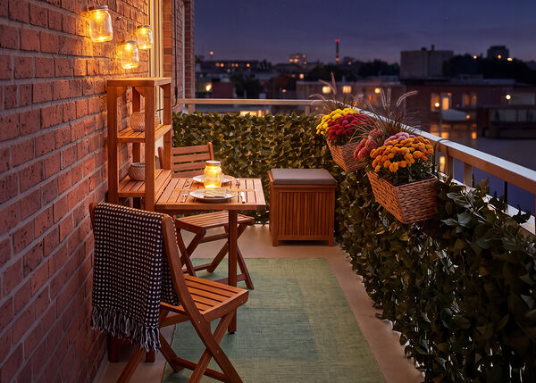 Piccolo balcone con sedie e tavolo in legno, illuminato da lanterne e candele, decorato con fiori in vaso e verde, con vista sullo skyline della citt&agrave; di notte.