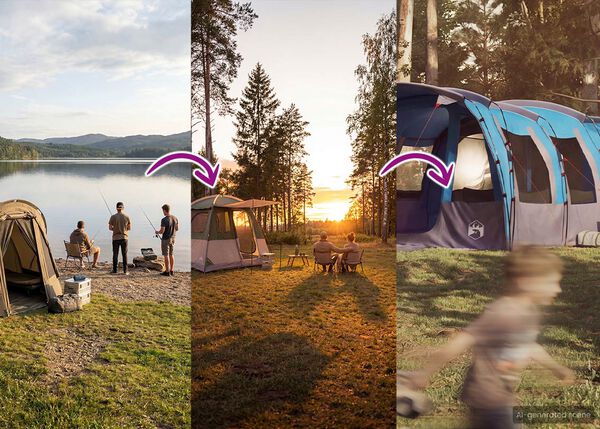 Banner a schermo diviso che mostra l&rsquo;evoluzione delle esperienze di campeggio. A sinistra, tre persone pescano e si rilassano vicino a una piccola tenda sul lago al tramonto. Al centro, due persone siedono a un tavolo con una tenda pi&ugrave; grande blu e grigia sullo sfondo, sempre al tramonto. A destra si vede una visuale sfocata di una struttura simile a una tenda pi&ugrave; grande. Le frecce indicano il passaggio tra le scene, suggerendo un miglioramento dell&rsquo;esperienza outdoor.