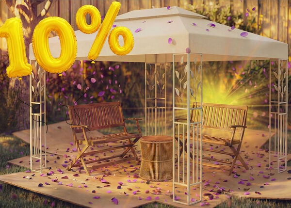 Gazebo da giardino con due panche in legno e un piccolo tavolo sotto, circondato da coriandoli rosa e palloncini dorati con &laquo;10% di sconto&raquo;, che mette in evidenza un&rsquo;offerta stagionale su gazebo e coperture da giardino.