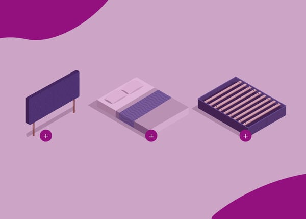 Illustrazione di tre componenti separati del letto: una testiera a sinistra, un materasso con biancheria al centro e una rete a doghe a destra, ciascuno con un&rsquo;icona circolare pi&ugrave; sotto.