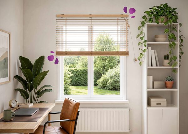 Un angolo home office luminoso con una veneziana in legno su una grande finestra, che lascia entrare una luce naturale soffusa e incornicia la vista sul giardino verde all&rsquo;esterno. Sotto si trovano una scrivania in legno e una sedia in pelle, con laptop, cancelleria e una tazza in ceramica. Una pianta alta, scaffali aperti con libri e piccoli cactus, e un appendiabiti completano lo spazio di lavoro calmo e ordinato.