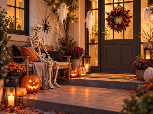 Portico d'ingresso decorato per Halloween con zucche luminose, uno scheletro su una panca, fantasmi appesi, ragnatele e calde luci festive.