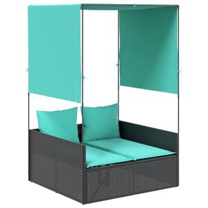 vidaXL Lettino prendisole doppio con tettoia e tende in Polyrattan Nero