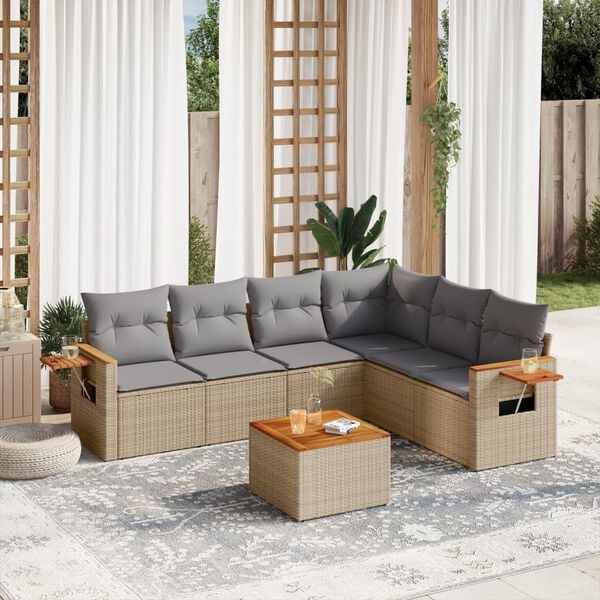 vidaXL Set Divani da Giardino 7 pz con Cuscini Beige in Polyrattan