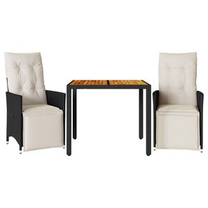 vidaXL Set da Bistr&ograve; 3 pz con Cuscini Nero in Polyrattan