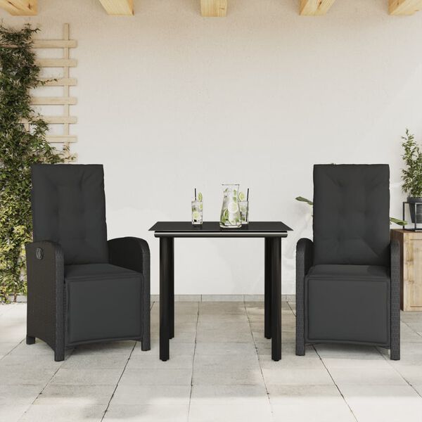 vidaXL Set da Bistr&ograve; 3 pz con Cuscini Nero in Polyrattan