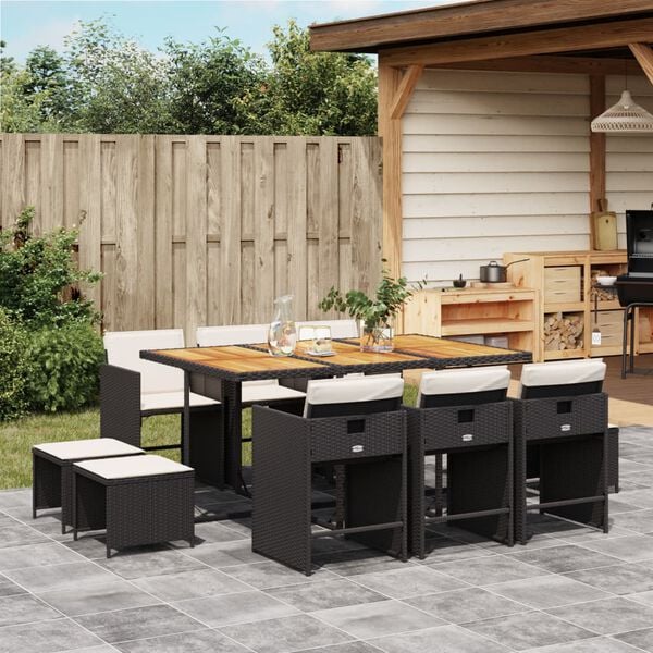 vidaXL Set da Pranzo da Giardino 11 pz con Cuscini in Polyrattan Nero