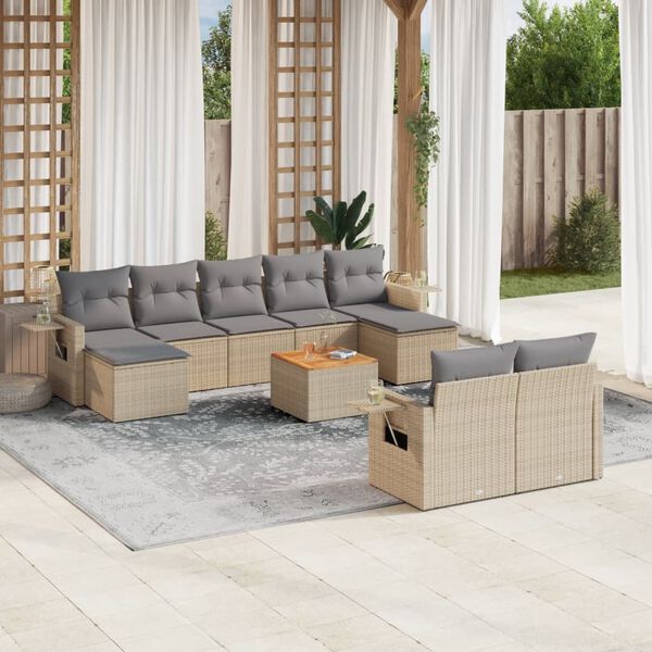 vidaXL Set Divano da Giardino 10 pz con Cuscini Beige Misto Polyrattan
