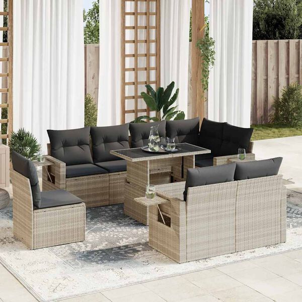 vidaXL Set Divano da Giardino 9pz con Cuscini Grigio Chiaro Polyrattan