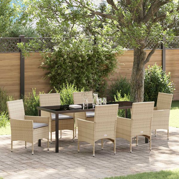vidaXL Set da Pranzo per Giardino con cuscino 7 pcs Beige polyrattan
