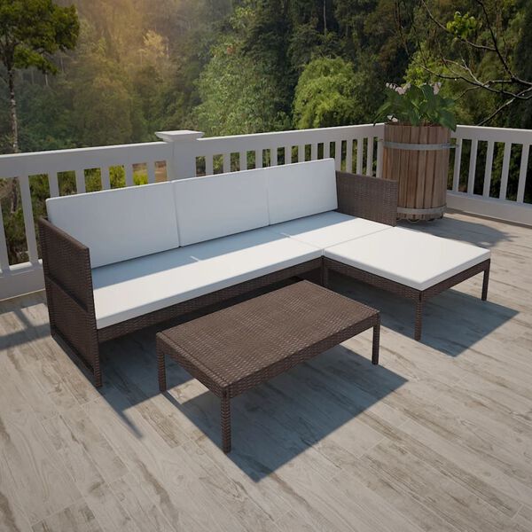 vidaXL Set Divani da Giardino 3 pz con Cuscini in Polyrattan Marrone