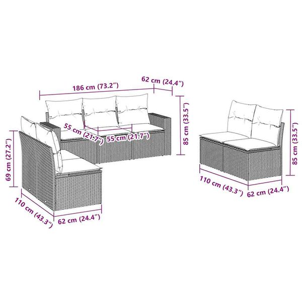 vidaXL Set Divani da Giardino 7 pz con Cuscini Marrone in Polyrattan