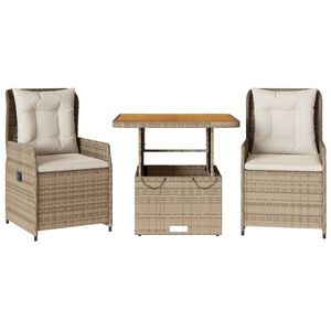 vidaXL Set da Bistr&ograve; 3 pz con Cuscini Beige in Polyrattan
