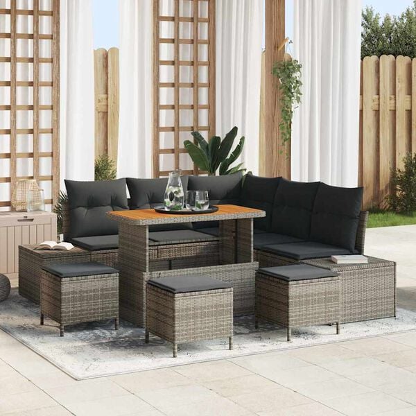 vidaXL Set Divano da Giardino con cuscino 9 pcs Grigio Poly Rattan