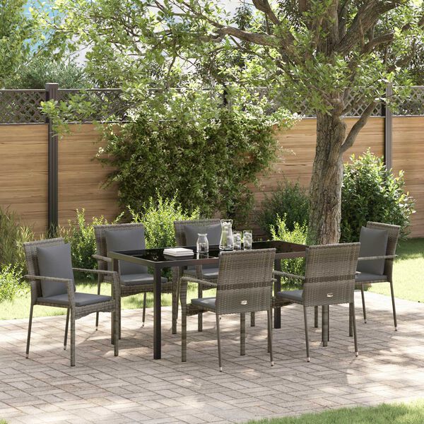 vidaXL Set da Pranzo per Giardino con cuscino 7 pcs Grigio polyrattan