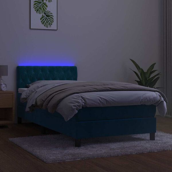 vidaXL Letto a Molle con Materasso e LED Blu Scuro 90x200cm in Velluto