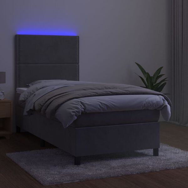 vidaXL Letto a Molle Materasso e LED Grigio Chiaro 90x200 cm Velluto