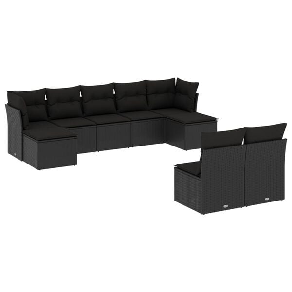 vidaXL Set Divani da Giardino 9 pz con Cuscini Nero in Polyrattan