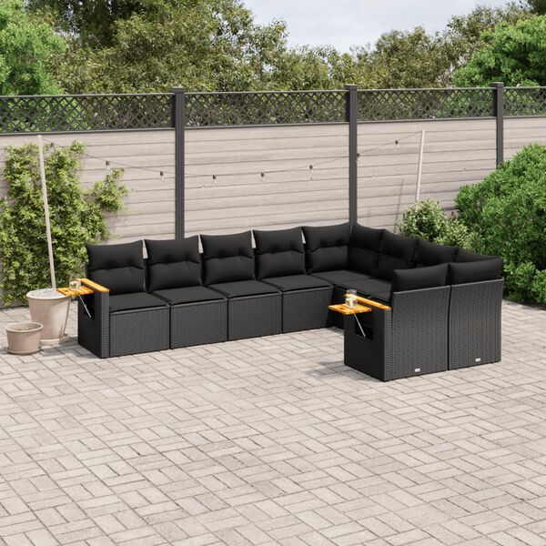 vidaXL Set Divani da Giardino 9 pz con Cuscini Nero in Polyrattan