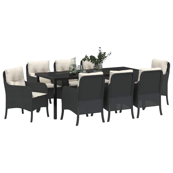 vidaXL Set da Pranzo per Giardino con cuscino 9 pcs Nero polyrattan