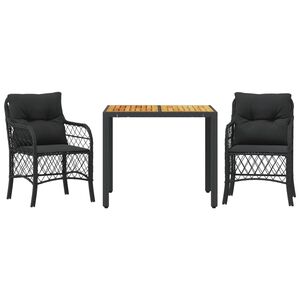 vidaXL Set da Bistr&ograve; 3 pz con Cuscini Nero in Polyrattan