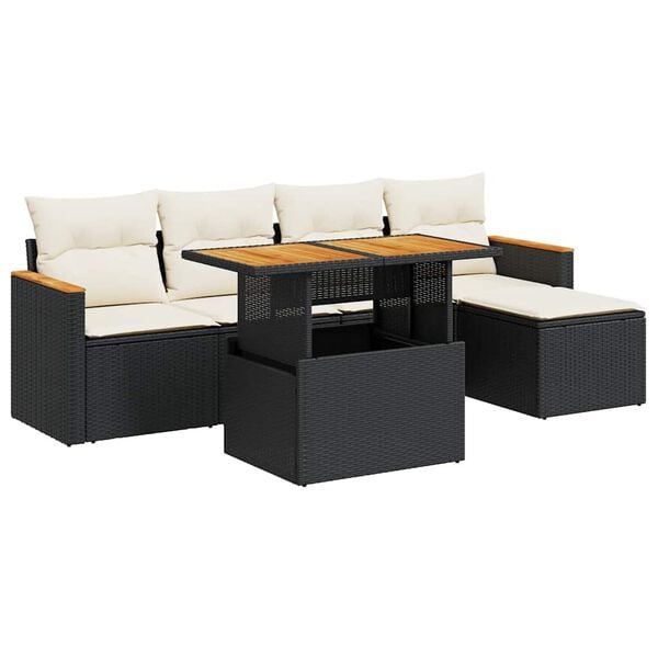 vidaXL Set Divano da Giardino 6 pz con Cuscini Nero Polyrattan Acacia