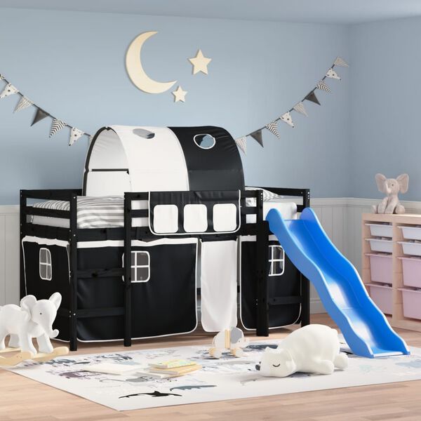 vidaXL Letto a Soppalco con Tunnel Bambini Bianco e Nero 90x190cm Pino