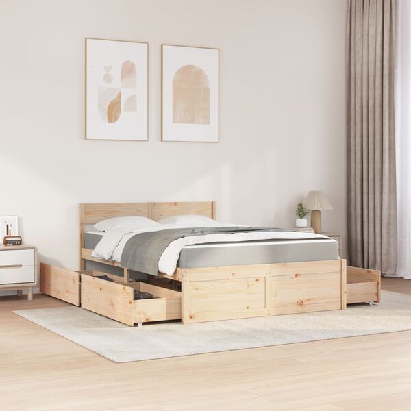 vidaXL Letto con Cassetti e Materasso 140x190 cm Legno Massello Pino