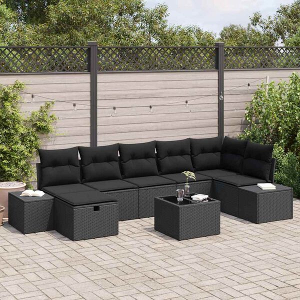vidaXL Set Divano da Giardino con cuscino 8 pcs Nero polyrattan