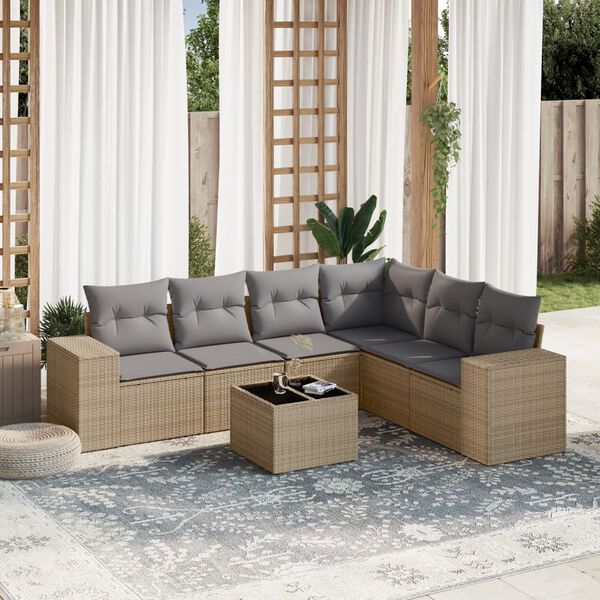 vidaXL Set Divani da Giardino 7 pz con Cuscini Beige in Polyrattan