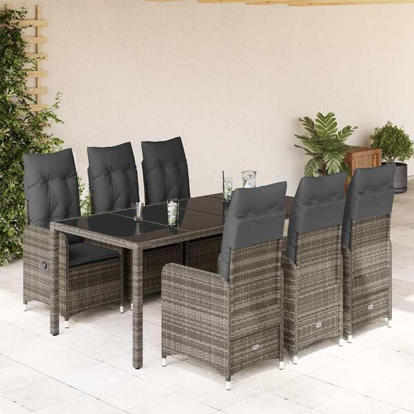 vidaXL Set Bistr&ograve; da Giardino 7 pz con Cuscini in Polyrattan Grigio
