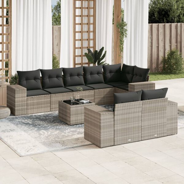 vidaXL Set Divano da Giardino 9pz con Cuscini Grigio Chiaro Polyrattan