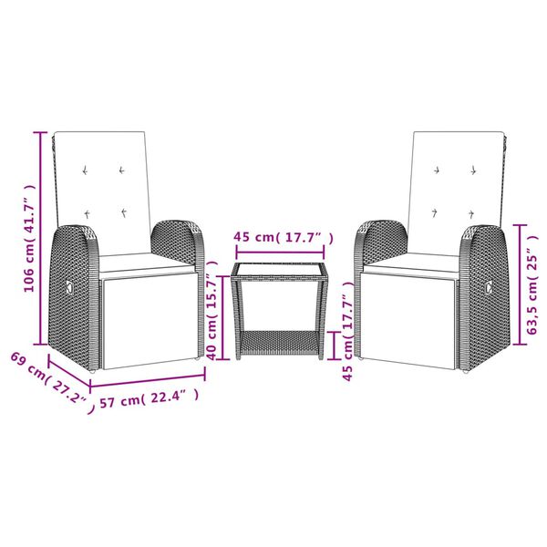 vidaXL Set da Pranzo da Giardino 3 pz con Cuscini in Polyrattan Grigio