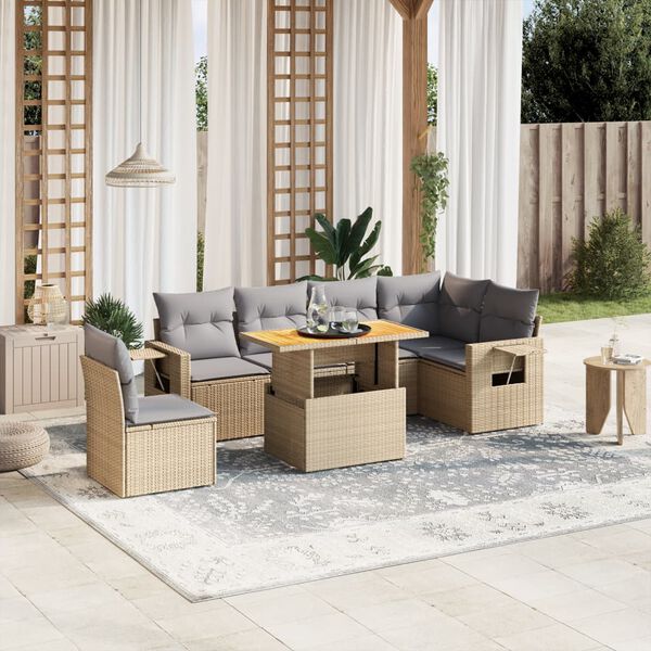 vidaXL Set Divani da Giardino 7 pz con Cuscini Beige in Polyrattan