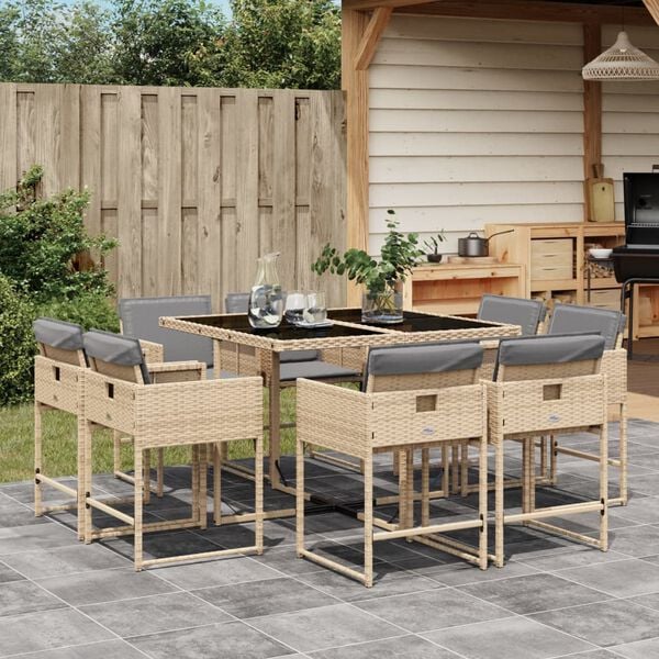 vidaXL Set Pranzo da Giardino 9 pz con Cuscini Beige Misto Polyrattan
