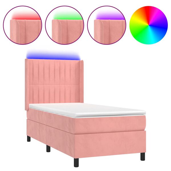 vidaXL Letto a Molle con Materasso e LED Rosa 90x200 cm in Velluto