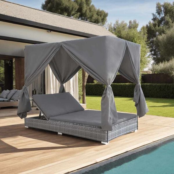 vidaXL Lettino Prendisole con Tende in Polyrattan Grigio