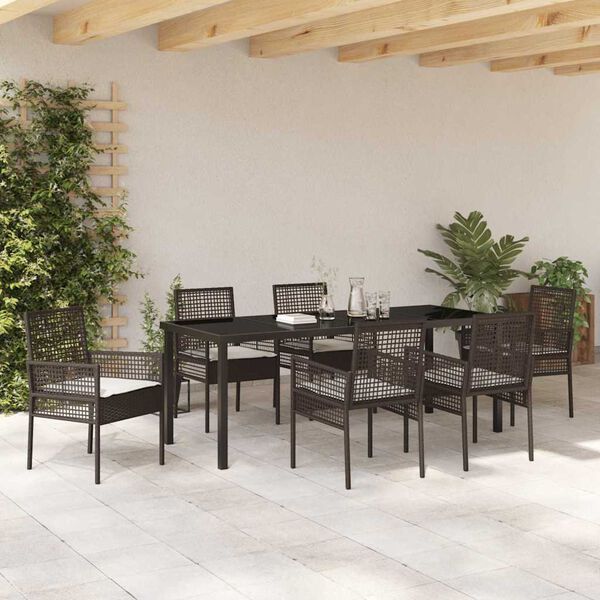 vidaXL Set da Pranzo per Giardino con cuscino 7 pcs Marrone polyrattan