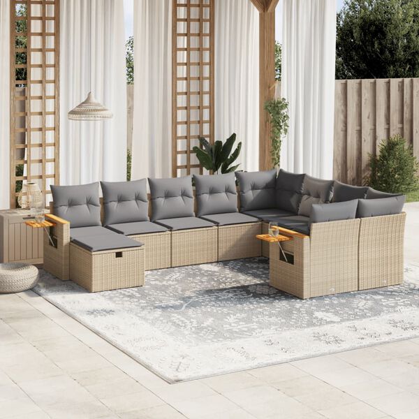 vidaXL Set Divano da Giardino 10 pz con Cuscini Beige in Polyrattan