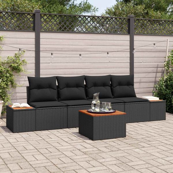 vidaXL Set Divano da Giardino con cuscino 5 pcs Nero Poly Rattan