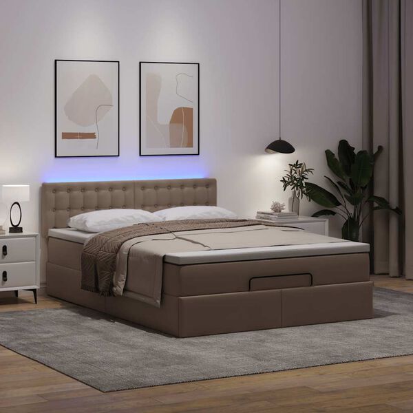 vidaXL Pouf Letto con Materassi e LED Cappuccino 140x200cm Similpelle