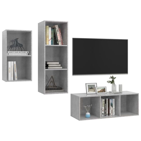 vidaXL Set Mobili TV 3 pz Grigio Cemento in Legno Multistrato