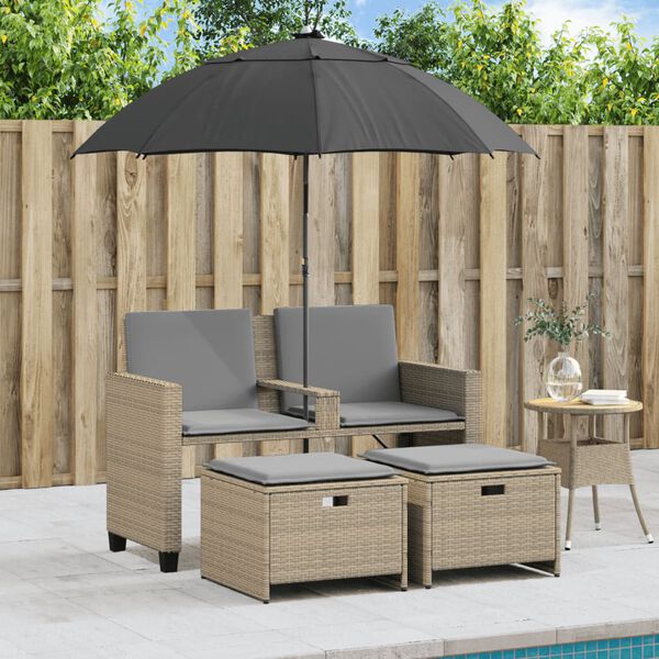 vidaXL Divano Giardino 2Posti Ombrellone e Sgabelli Beige Polyrattan