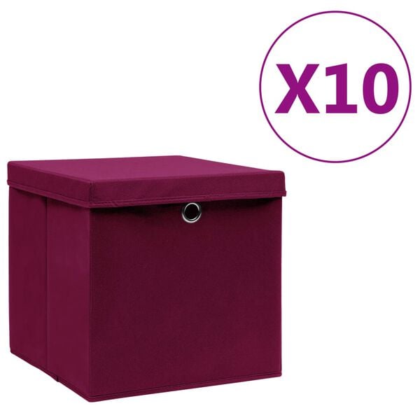 vidaXL Contenitori con Coperchi 10 pz 28x28x28 cm Rosso Scuro