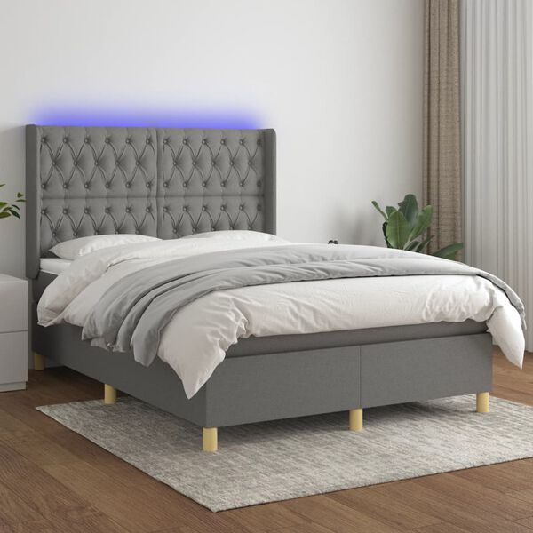 vidaXL Letto a Molle Materasso e LED Grigio Scuro 140x190cm in Tessuto