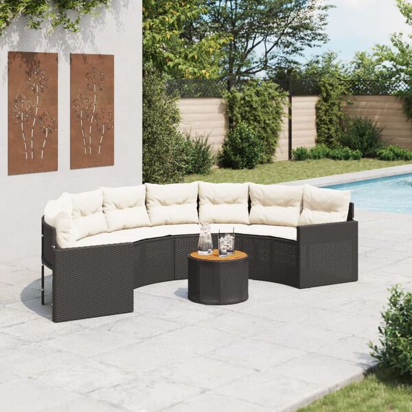 vidaXL Divano Giardino Tavolo e Cuscini Semicircolare Nero Polyrattan